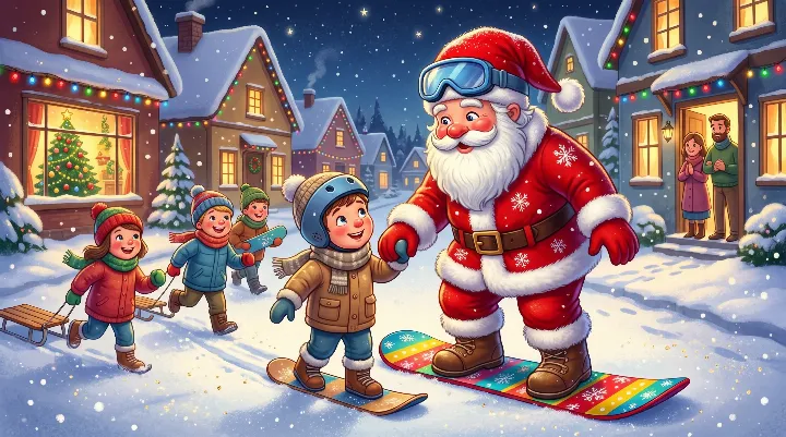 W Wigilię Mikołaj uczy chłopca jeździć na snowboardzie na ulicy przykrytej magicznym śniegiem, a inne dzieci dołączają do zabawy