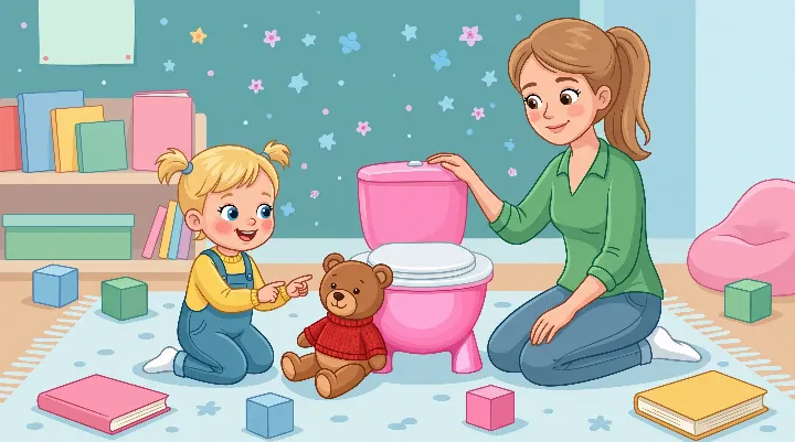 Monika z mamą bawią się w nauczanie pluszowego misia, który siedzi obok różowego nocnika