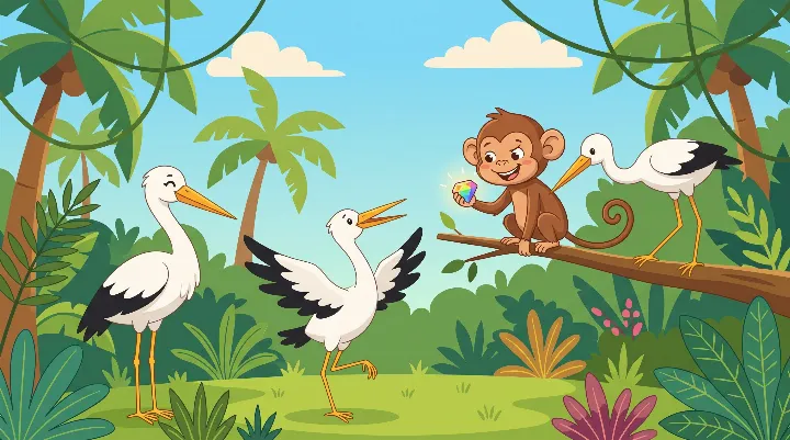 Psotna małpka ucieka z tęczowym kamieniem, a trzy bociany sprytnie współpracują, żeby go odzyskać