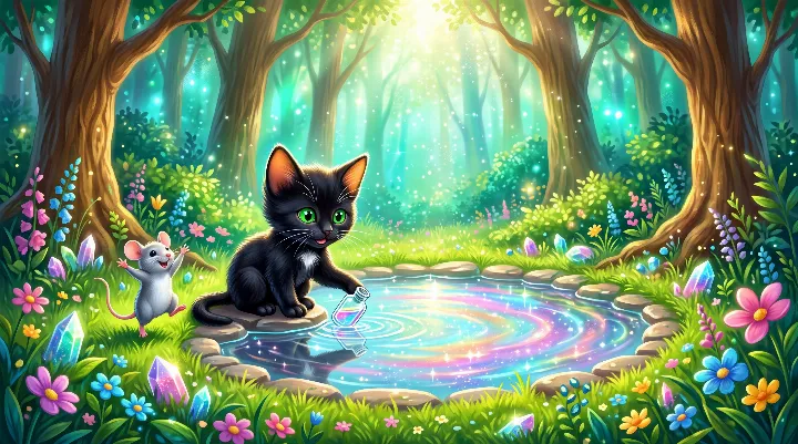 Kotek Mruczek napełnia małą butelkę tęczową Magiczną Wodą z Dalekiego Źródła, a myszka Pikuś podskakuje z radości