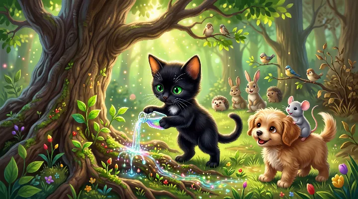 Mruczek, Pikuś i szczeniak Rufus podlewają więdnący las Magiczną Wodą, a drzewa znów się zielenią