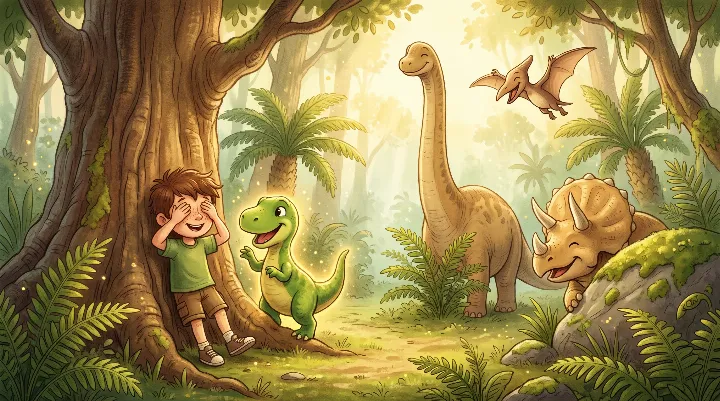 Tomek bawi się w chowanego z przyjaznymi dinozaurami w bujnej dżungli pełnej paproci