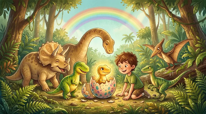 Z pękniętego jaja wykluwa się złoty dinozaurek Aurum, a Tomek i dinozaury patrzą z zachwytem